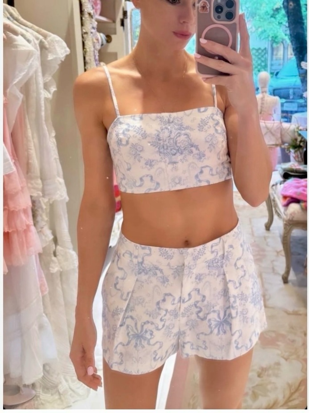 LoveShackFancy lacette toile linen crop Top Cerulian Blue & white size m $195 - Picture 8 of 9